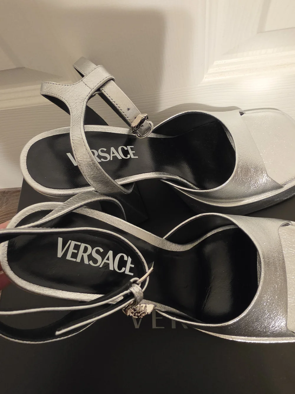 Versace Metallic Silver Platform Block-Heel Sandals 37